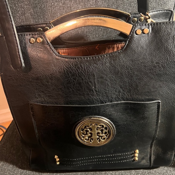 Black Leather Handbag with Gold Accents - Picture 3 of 7